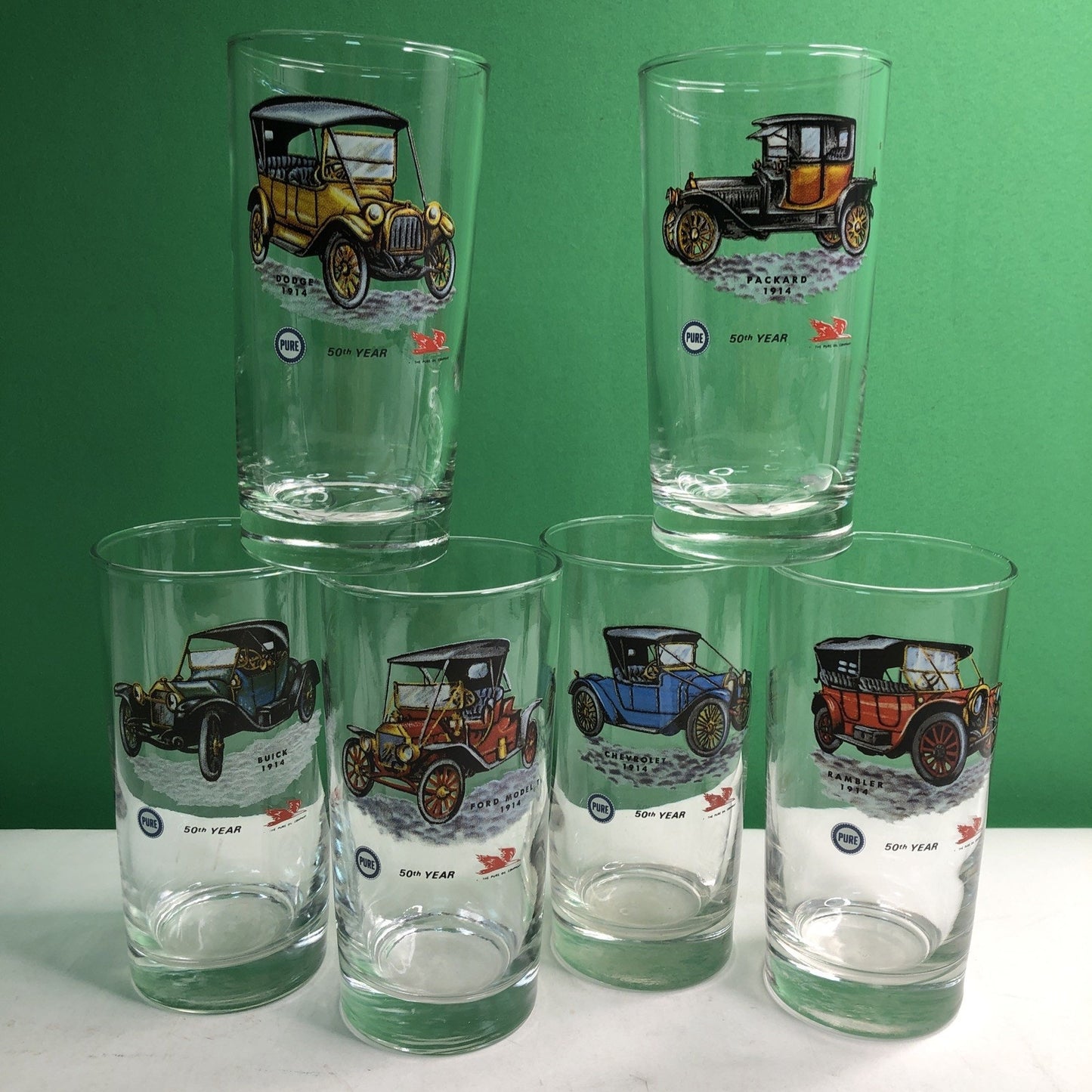 Set 6 Libbey PURE OIL COMPANY 50th Year GLASSES Tumblers Antique Classic Cars