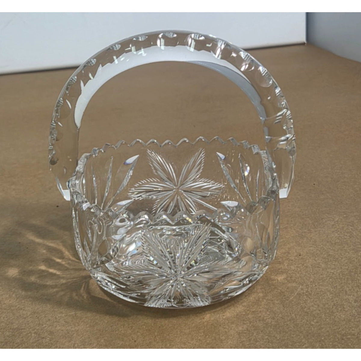Vintage Hand-Cut Lead Crystal Basket - Bohemian Pinwheel & Leaf Star - 6 Inch