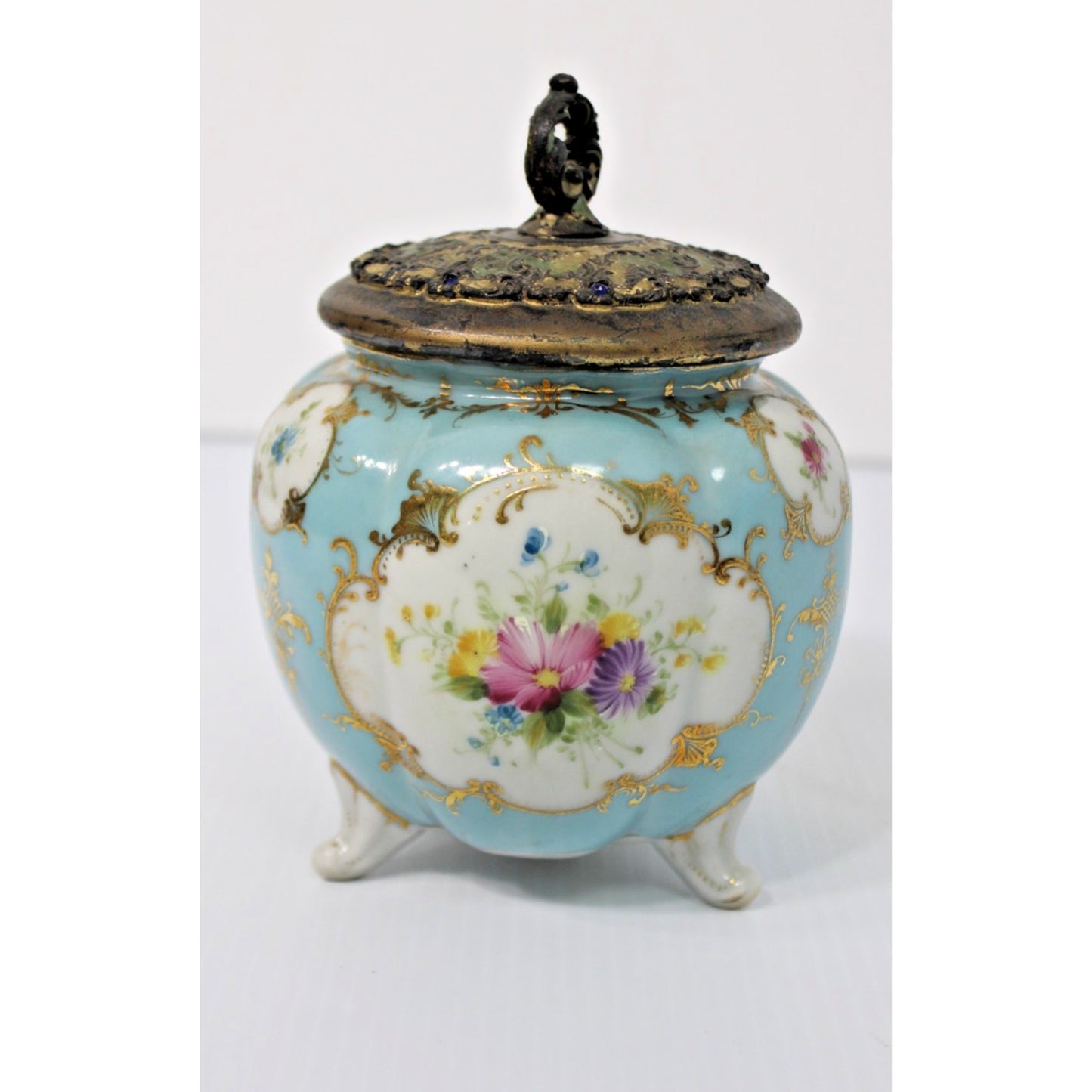 19th Century Antique Gilt Porcelain Tri-footed Biscuit Jar with Ormalu Lid