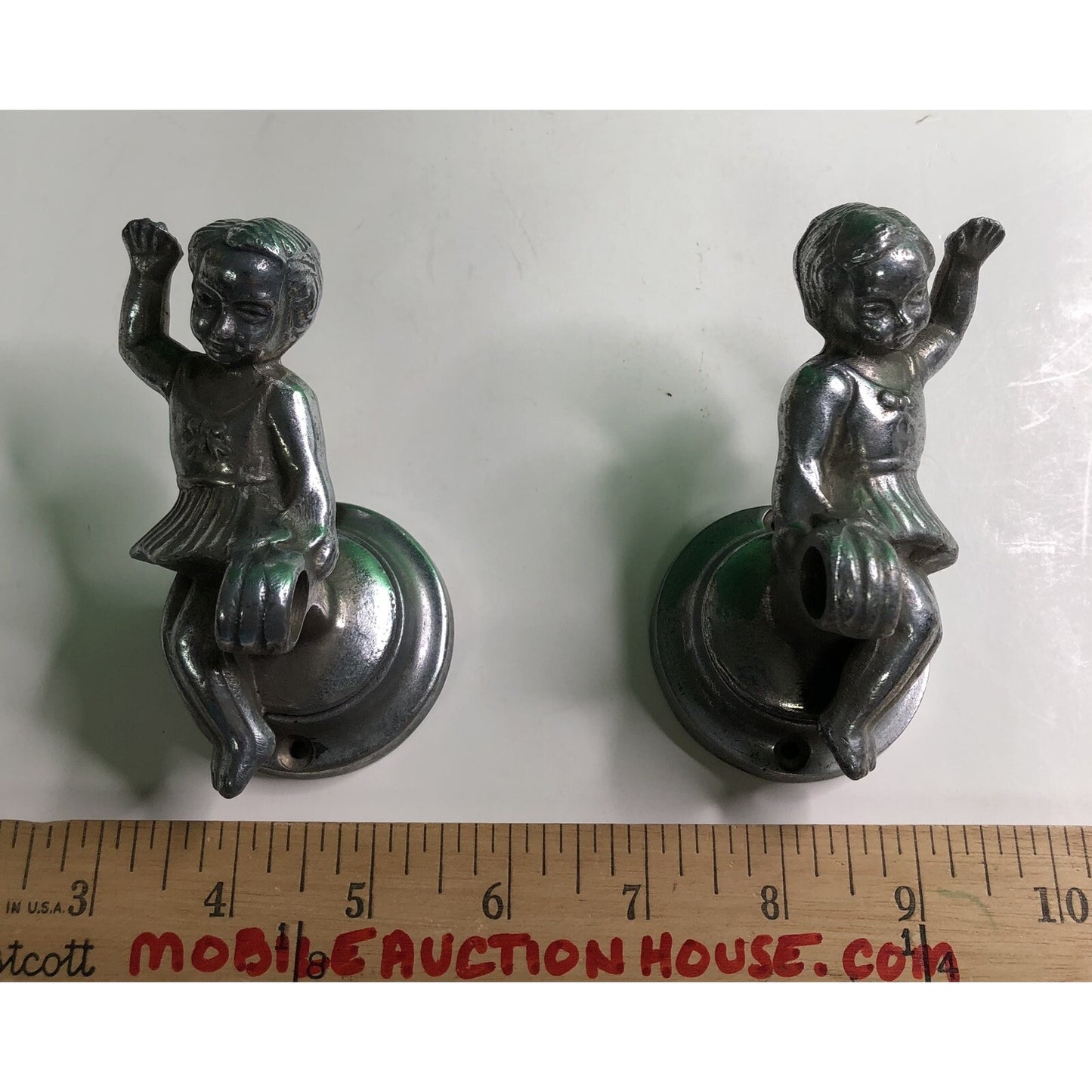 PAIR of Antique Cast Aluminum GIRLS Wall Mount TOWEL ROD HOLDER Kitchen Bath