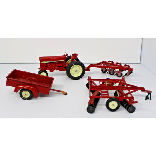 Vintage ERTL Co. 1:16 Scale Metal International Tractor, Wagon, 2 Plows Toy Set