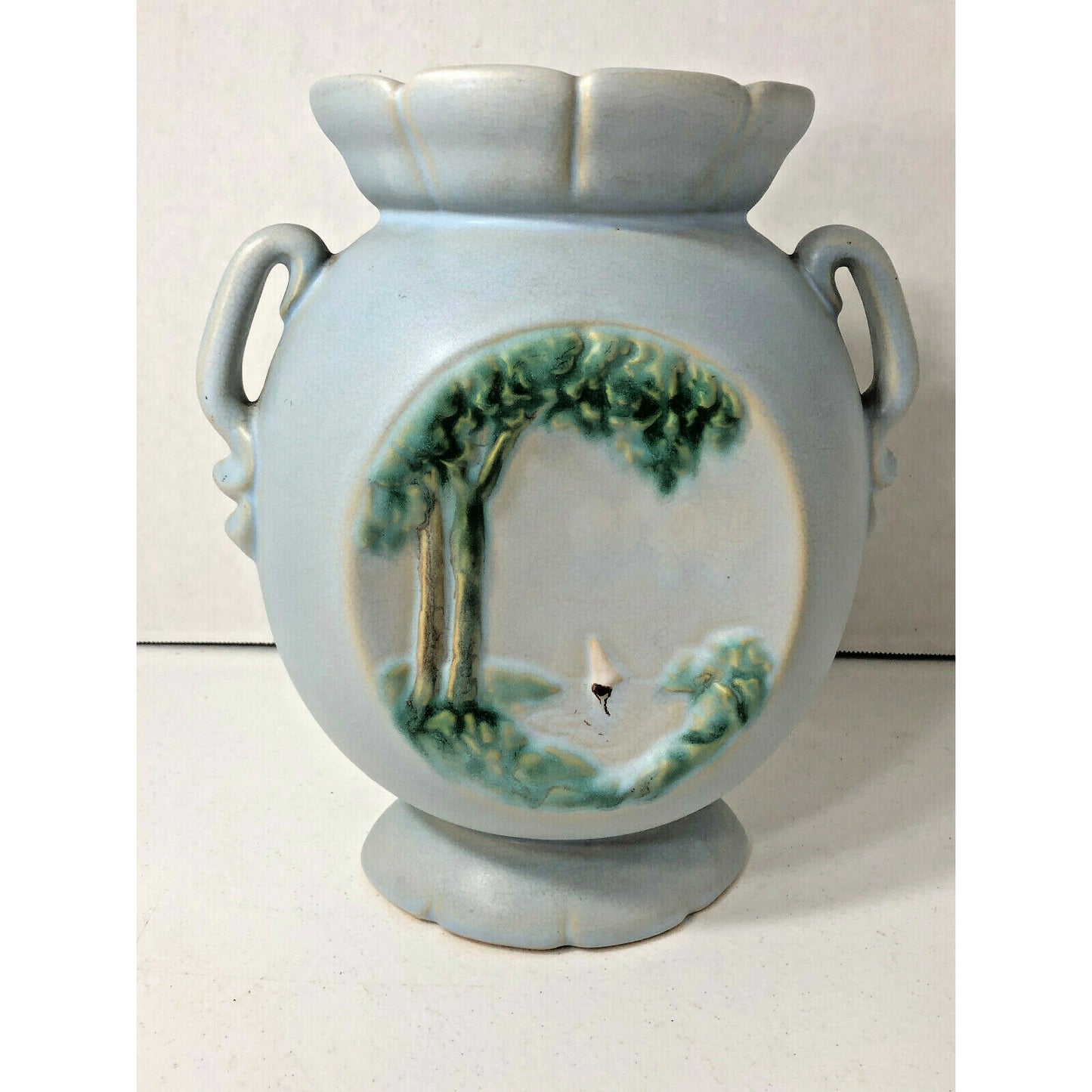 Vintage Blue Weller Art Pottery, Rare Hand-Painted Coastal Naturalist Boat Scene