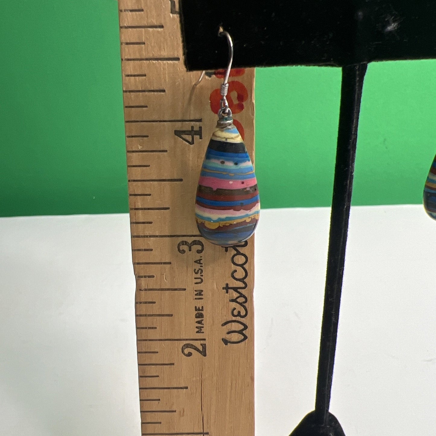 Vintage Rainbow Calsilica Teardrop Shaped Dangle Pierced Earrings Bohemian