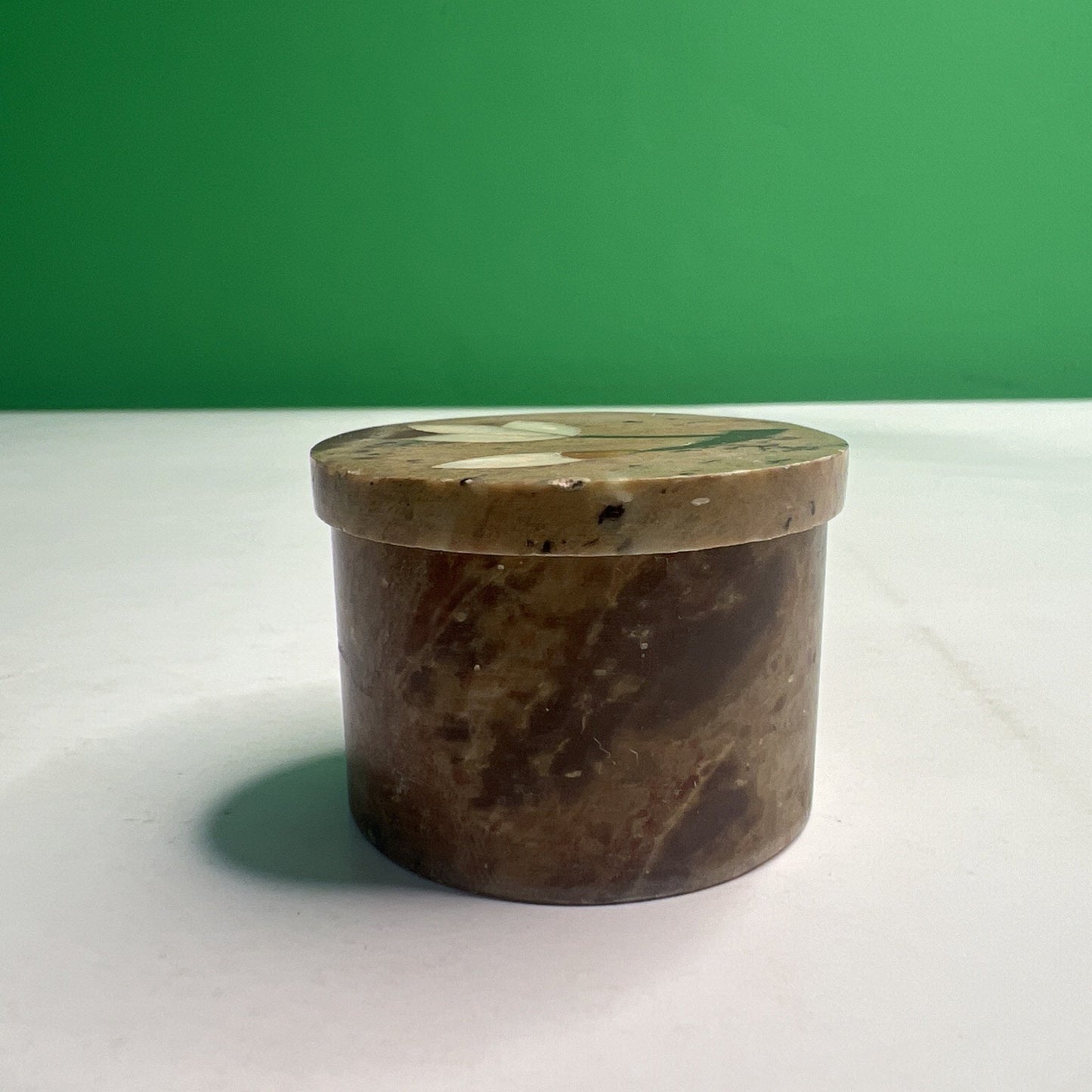 Carved Soapstone Small Inlaid Round Box Trinket Vanity Natural Stone with Lid