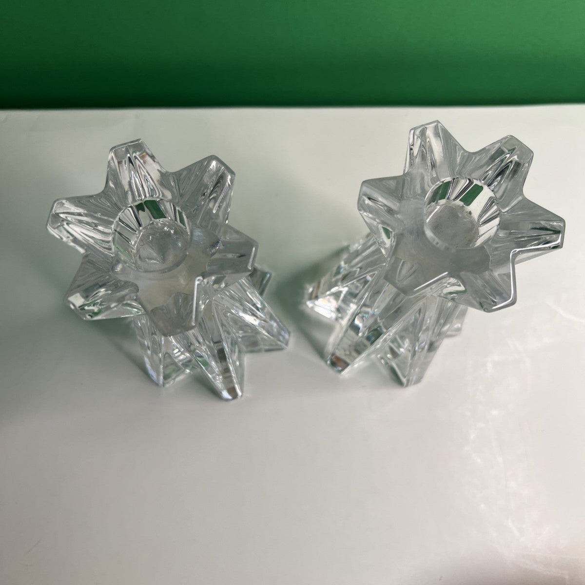 Vtg Pair Lenox Ovations Starfire Crystal Candlestick Holders Geometric Star Cut