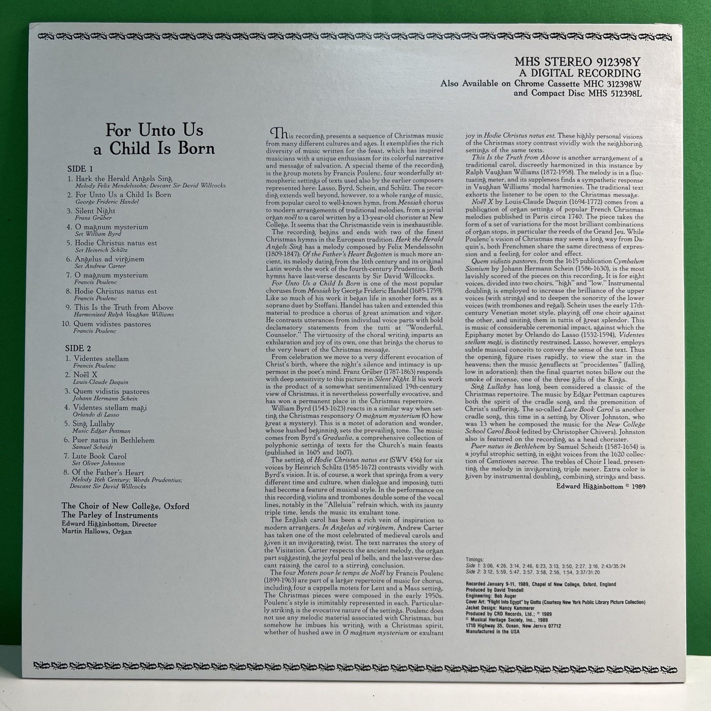 MHS 912398Y For Unto Us A Child Is Born Choir Of New College Oxford 1989 LP