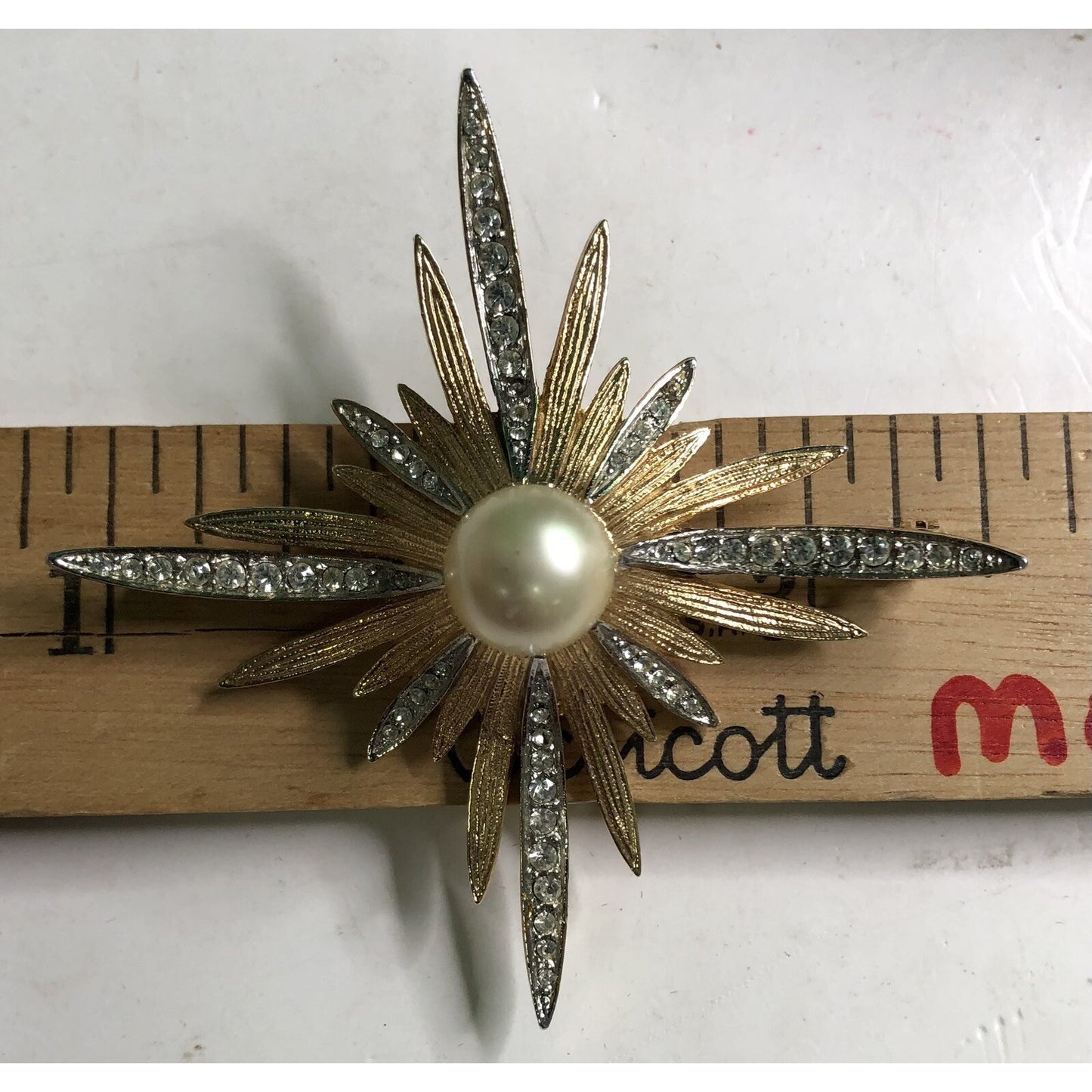 MCM Starburst Brooch Pin & Clip On Earrings Set Faux Pearl Rhinestone Stardust