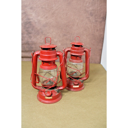 Vintage Pair of Red Kerosene Lanterns, Oil Lamps, 1 Swallow Brand, 10.5" H