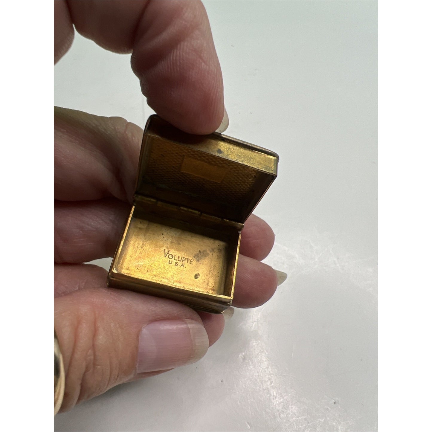 Vintage Volupte USA Perfume Little Brass Snuff Pill Box Antique Miniature