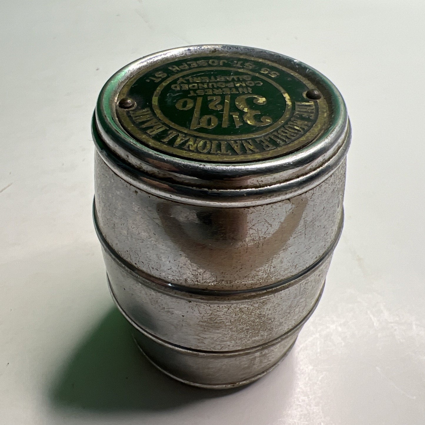 Vintage Advertising Mobile National Bank Chrome Barrel Bank No Key Alabama