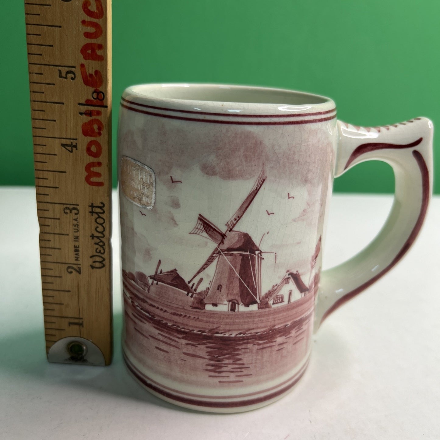 Vintage Hand Painted Delft Red Holland Dutch Windmill Stein Mug Original Sticker