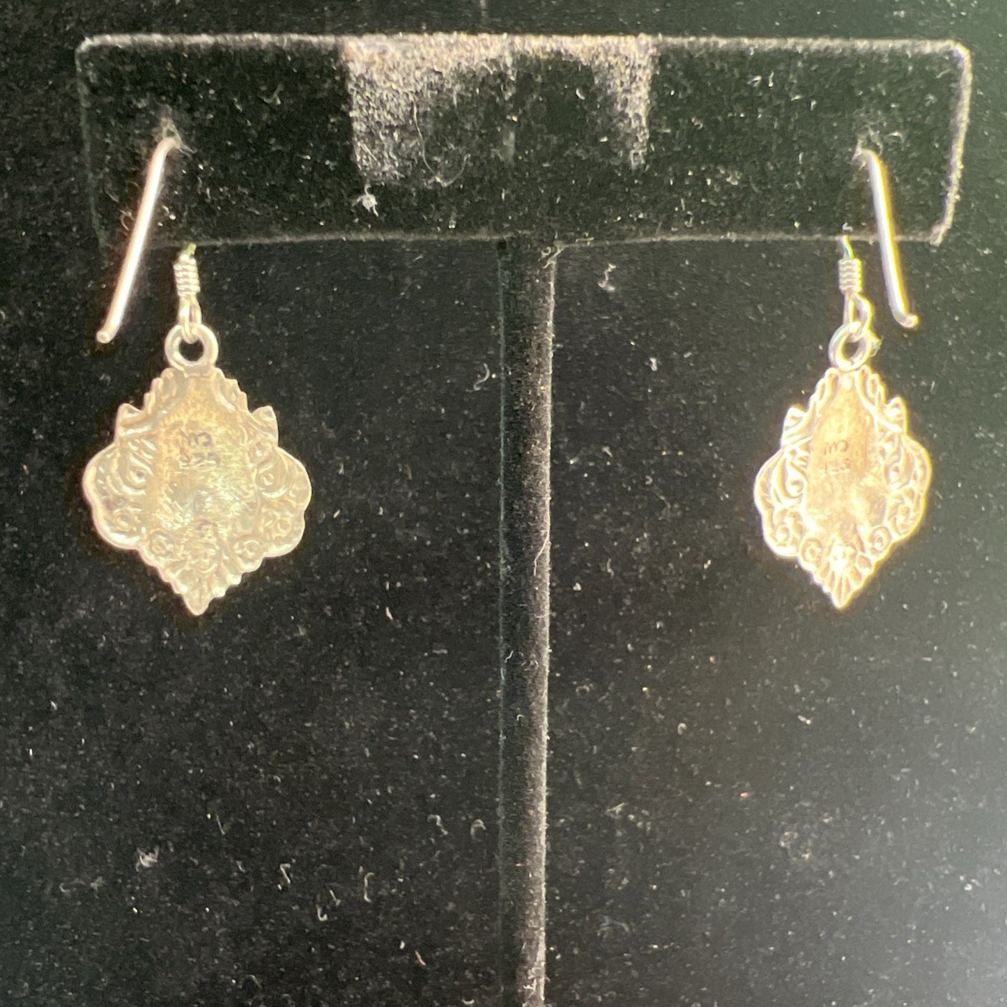Vintage Ornate Sterling Silver Shield Medallion Earrings Dangle Drop French Wire