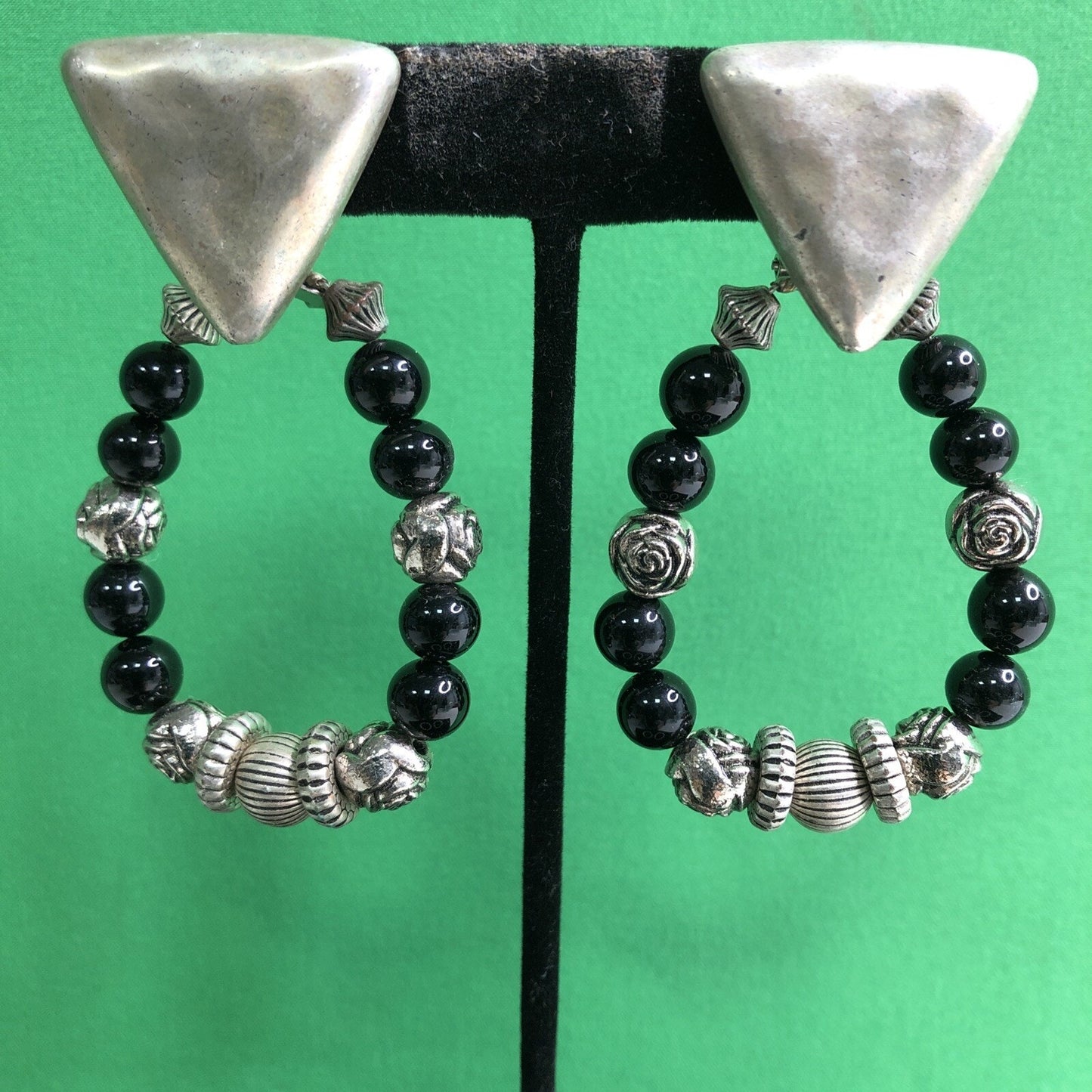 Vintage Mexican Silver Style Pierced EARRINGS w/ Interchangeable Beaded Dangles