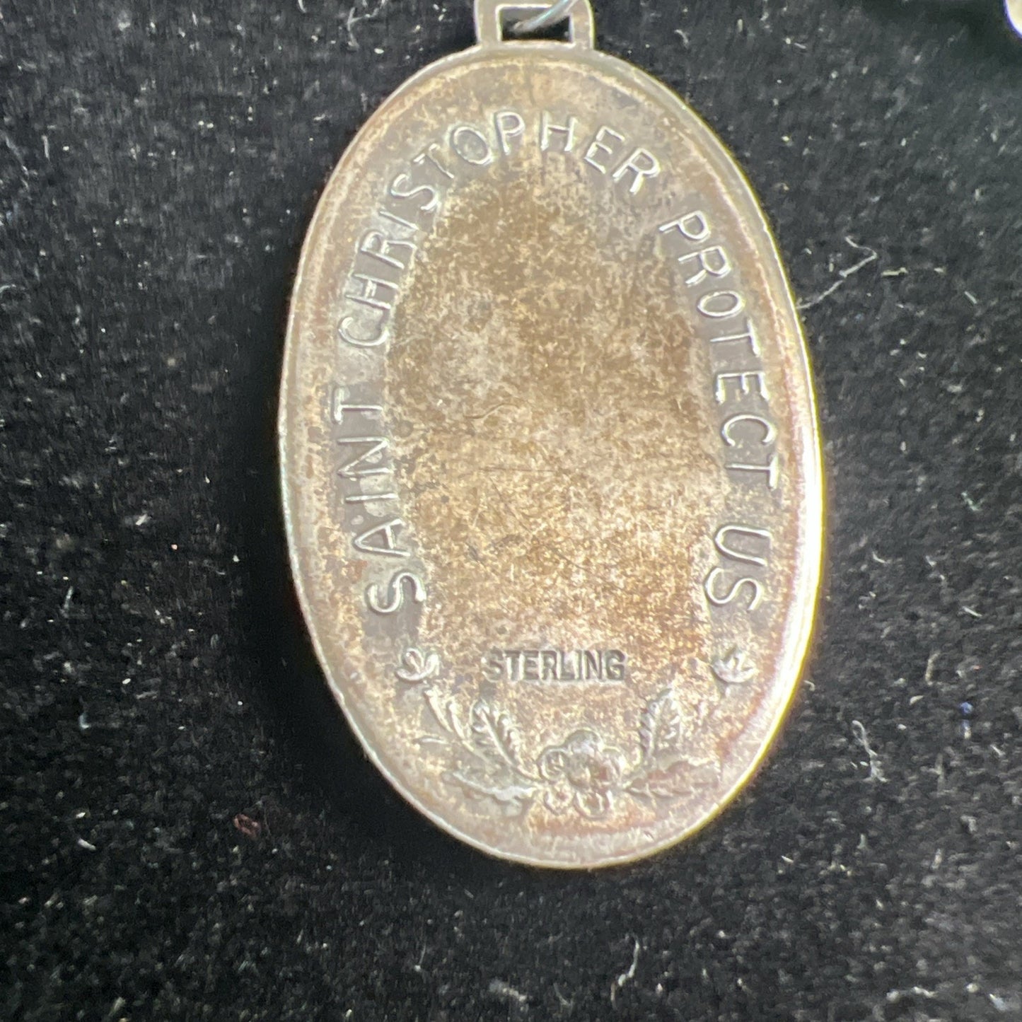 Vintage Sterling Silver Catholic Saint Christopher Protect Us Pendant Medallion