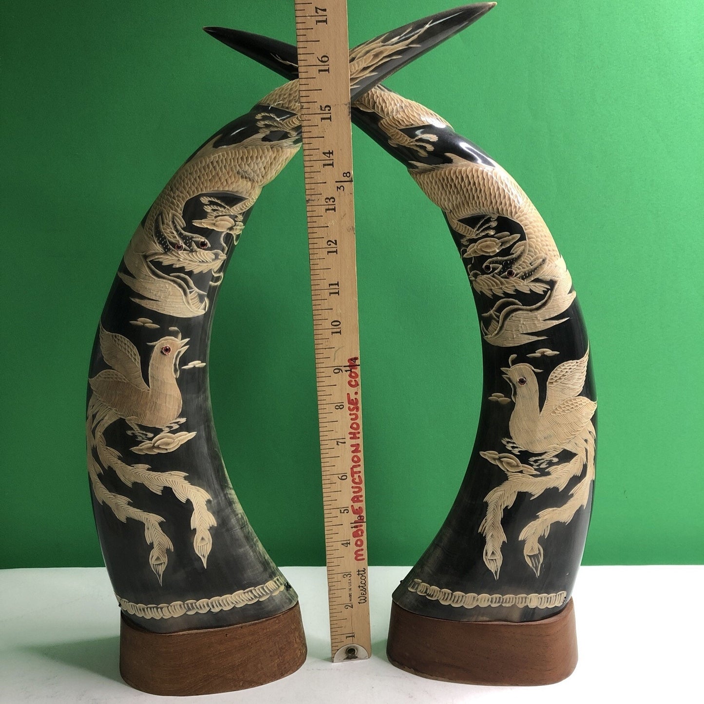 PAIR OF Large WATER BUFFALO HORNS CARVED WITH DRAGON & PHOENIX FENG SHUI
