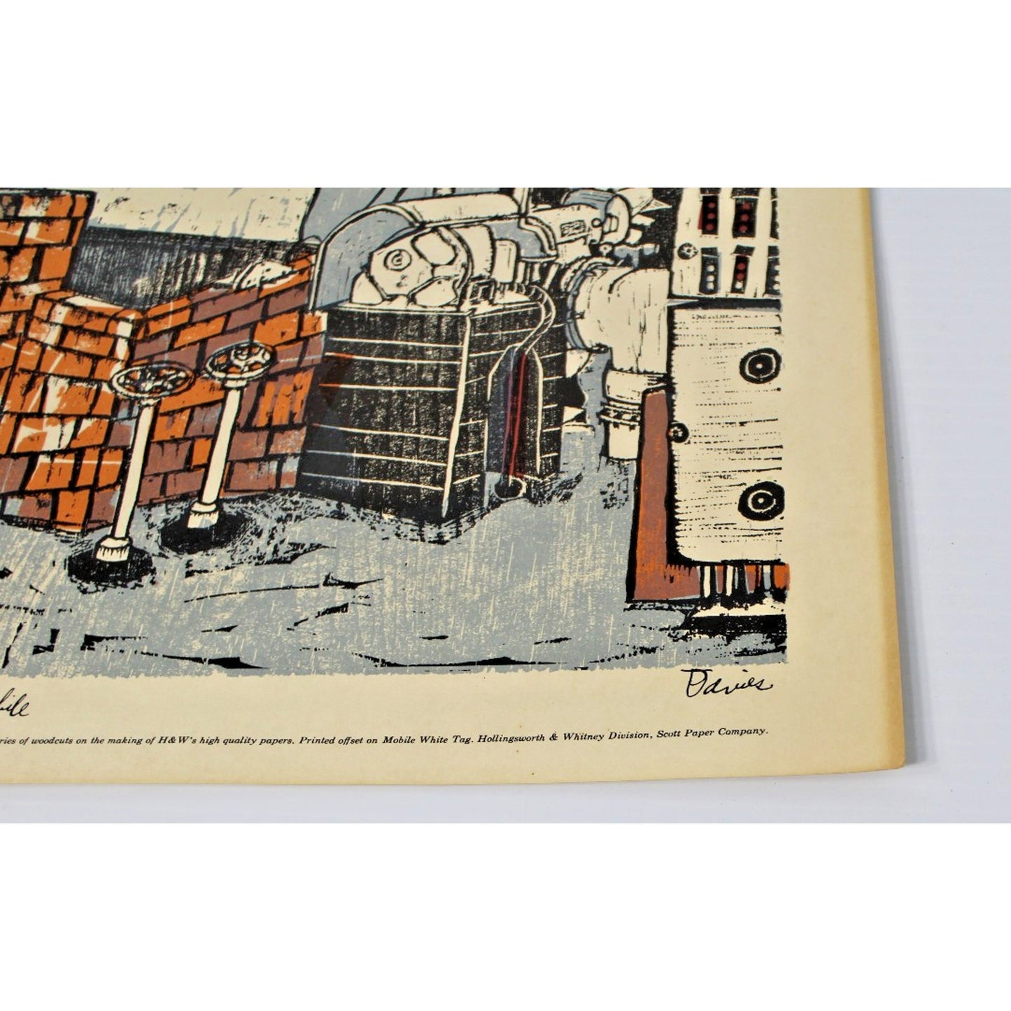 Vintage Woodcut by Ted Davies- Scott Paper Co. Mobile, AL Pulp Bleaching 14"x11"