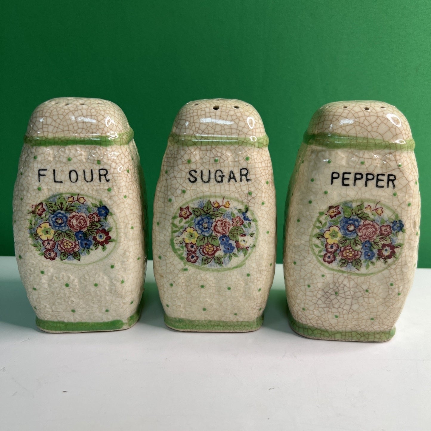Vintage Japan Majolica Pepper Sugar Flour Shakers RARE