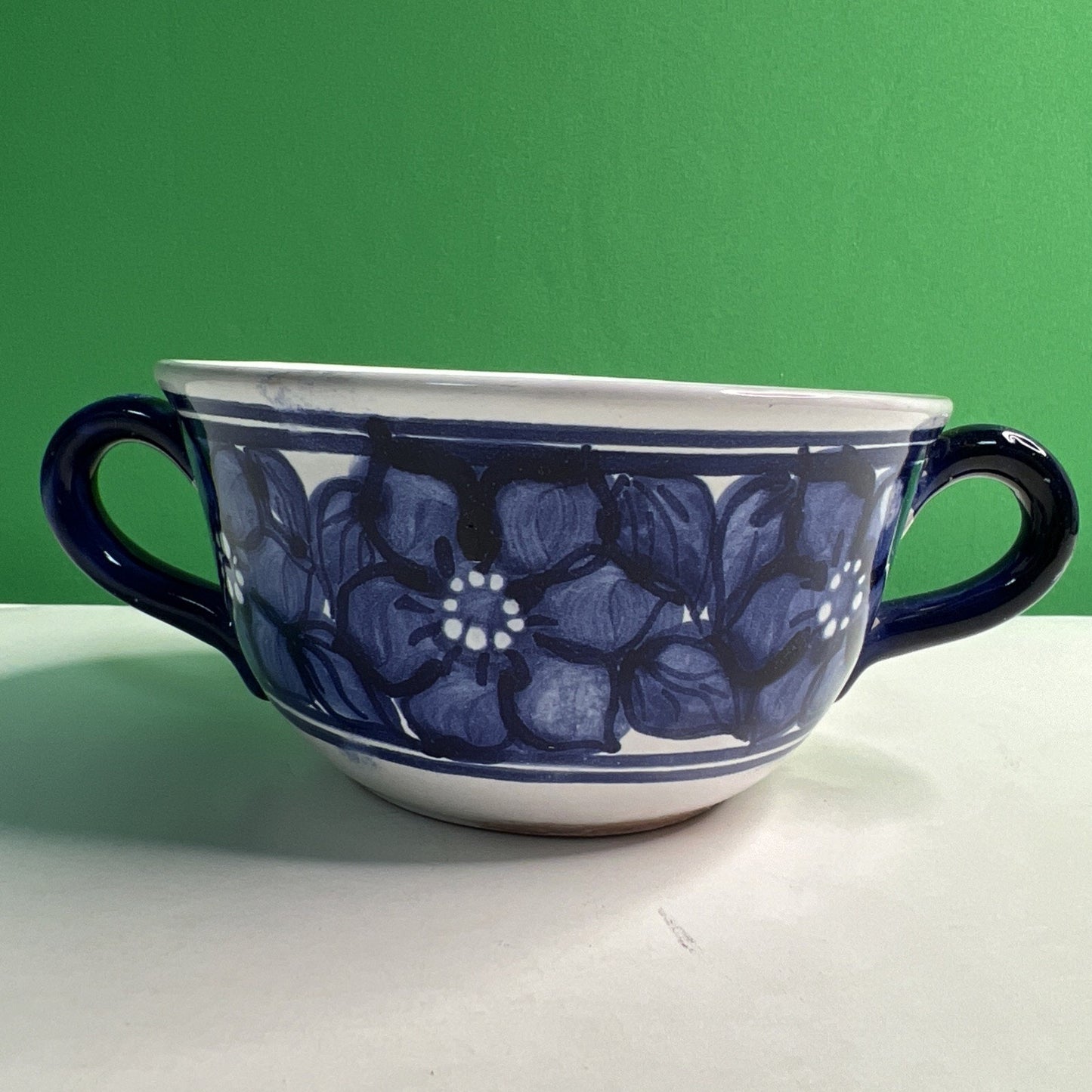 Vintage Stoneware Double Handle Blue & White Floral Hand Painted SOUP BOWL