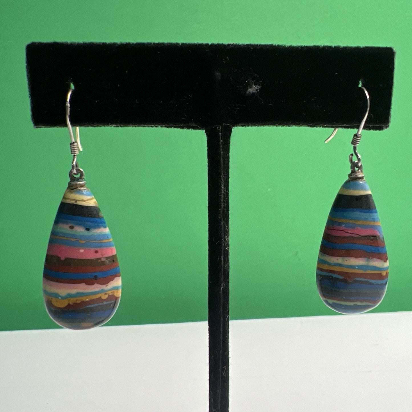 Vintage Rainbow Calsilica Teardrop Shaped Dangle Pierced Earrings Bohemian