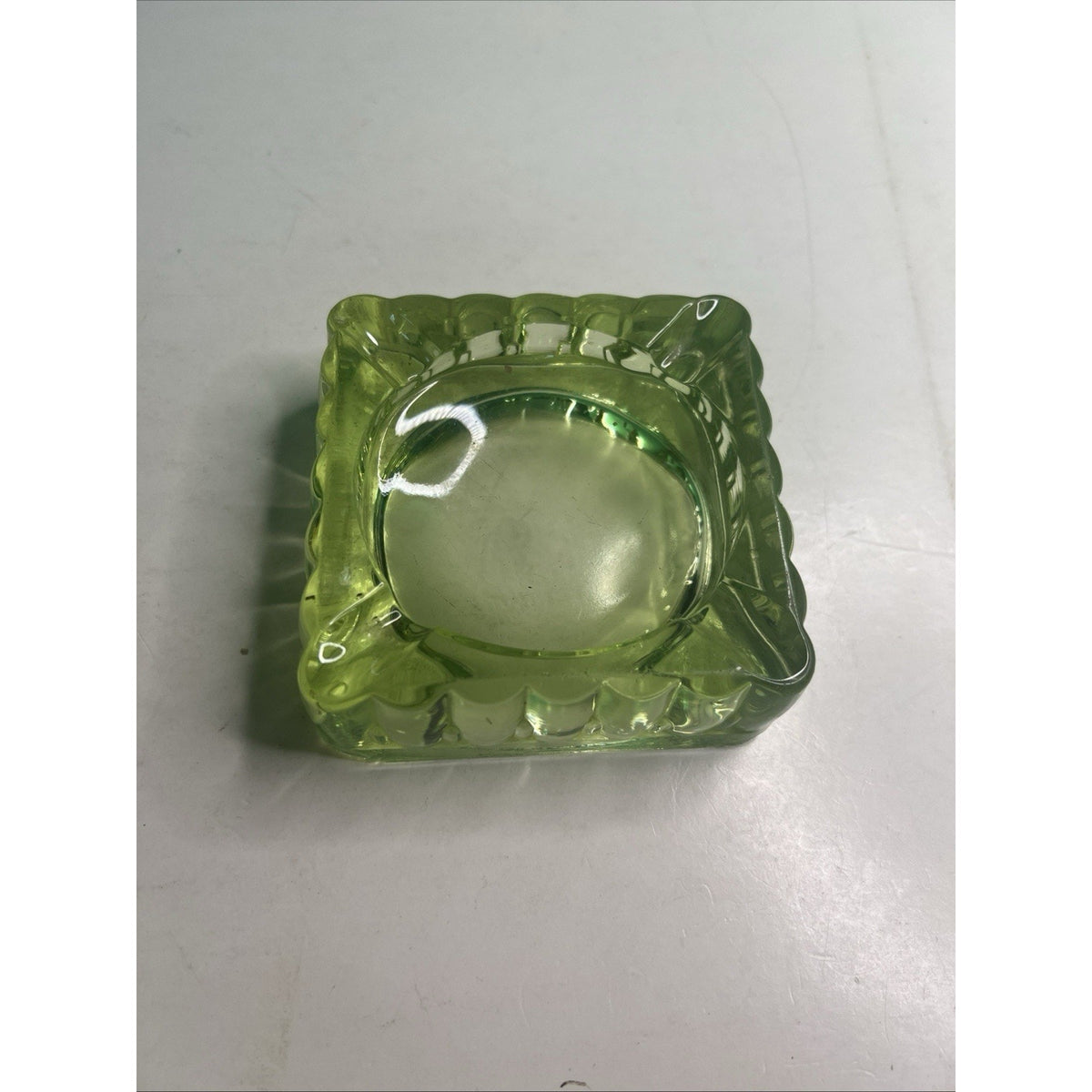 Vintage 4x4 Uranium Glass Ashtray Heavy Depression Green Glows Bright Tobacciano