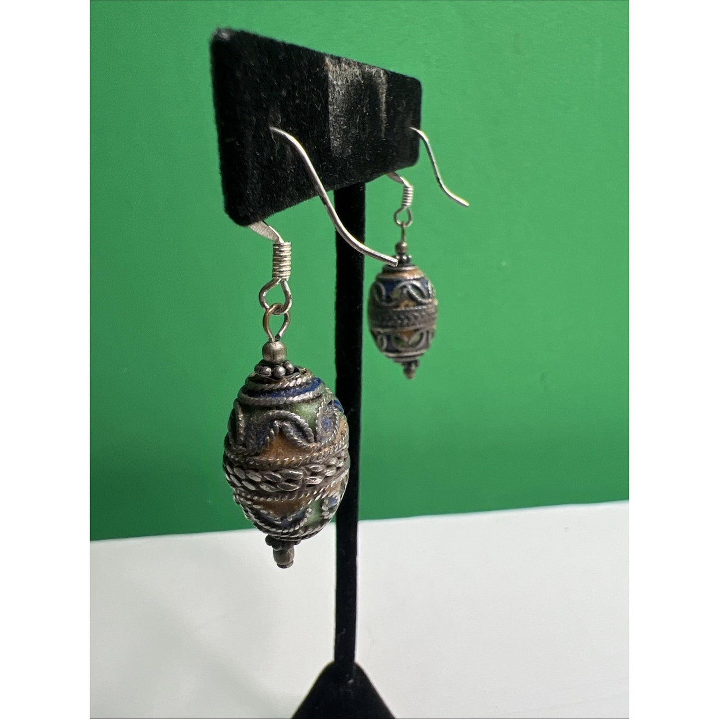 Vintage Cloisonné Enamel Silver Dangle Earrings French Wire