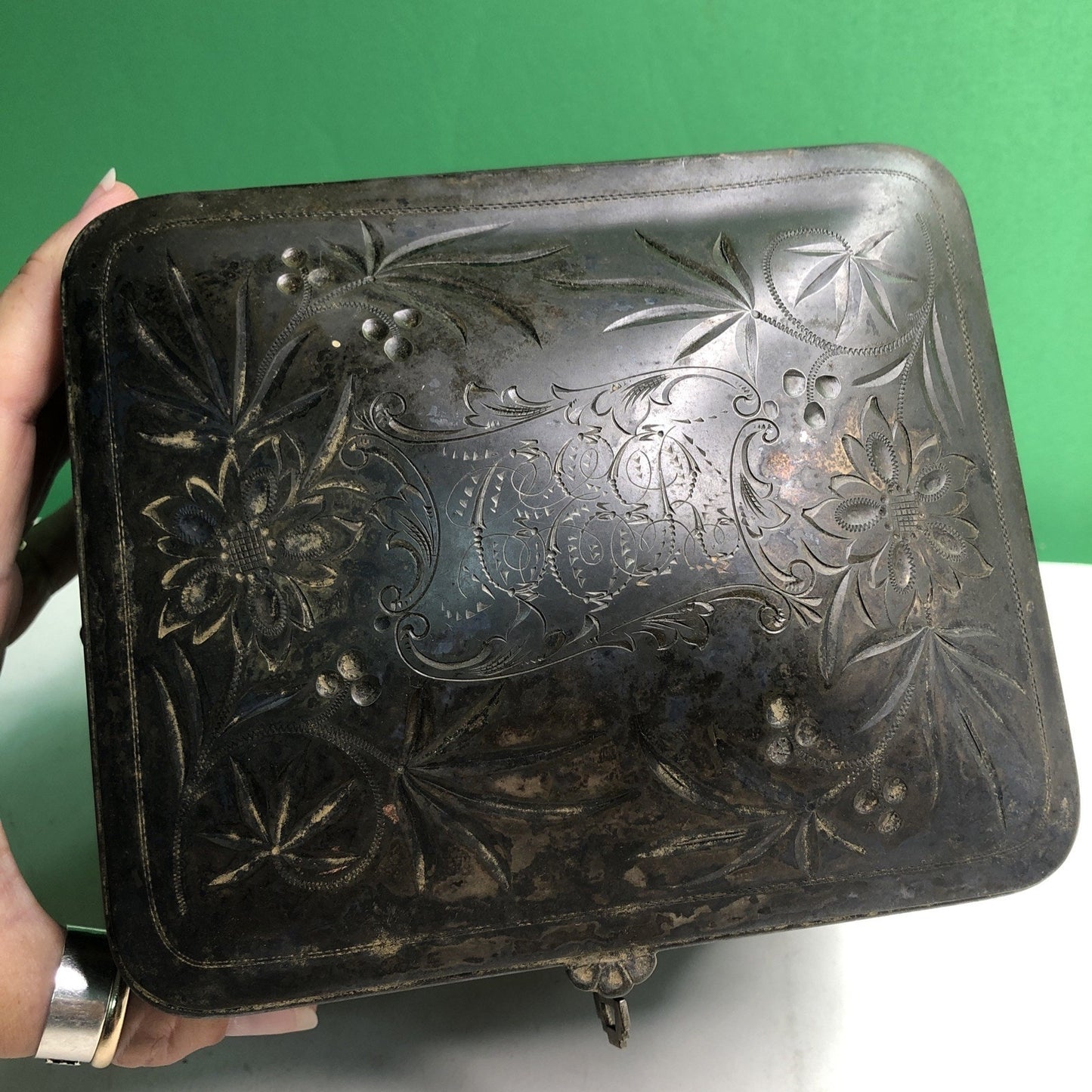 Antique Reed & Barton Silverplate Humidor #130 Cherubs With Key Monogrammed Top