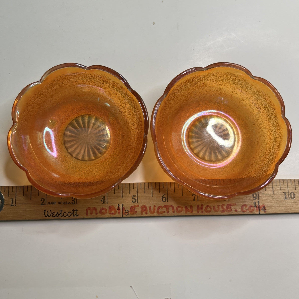 Pair Vintage Jeanette Marigold Iridescent Berry Bowls Crackle Carnival Glass 4"