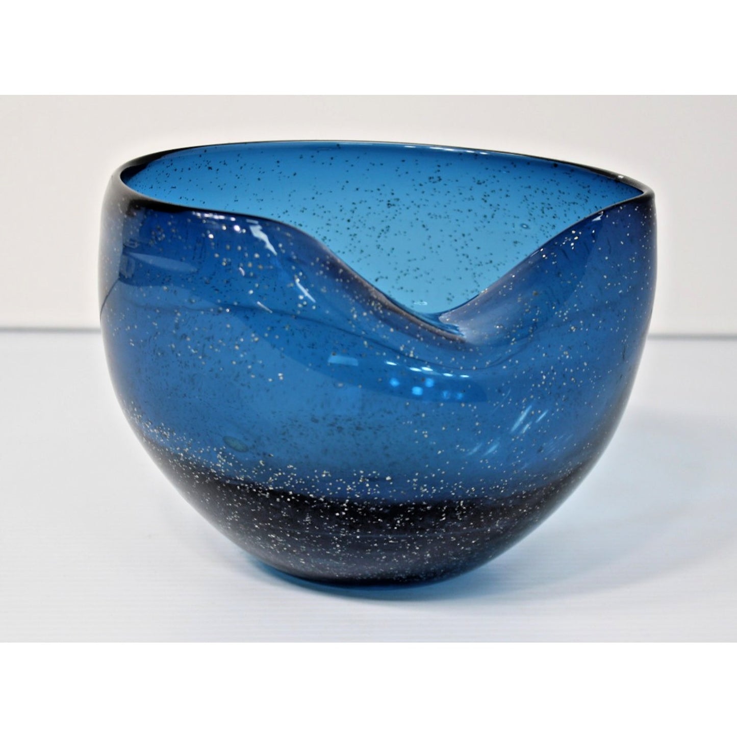 Vintage 60s Mod Blue Glass Vessel with Glitter Flake, Folded Rim Bowl- Gorgeous!