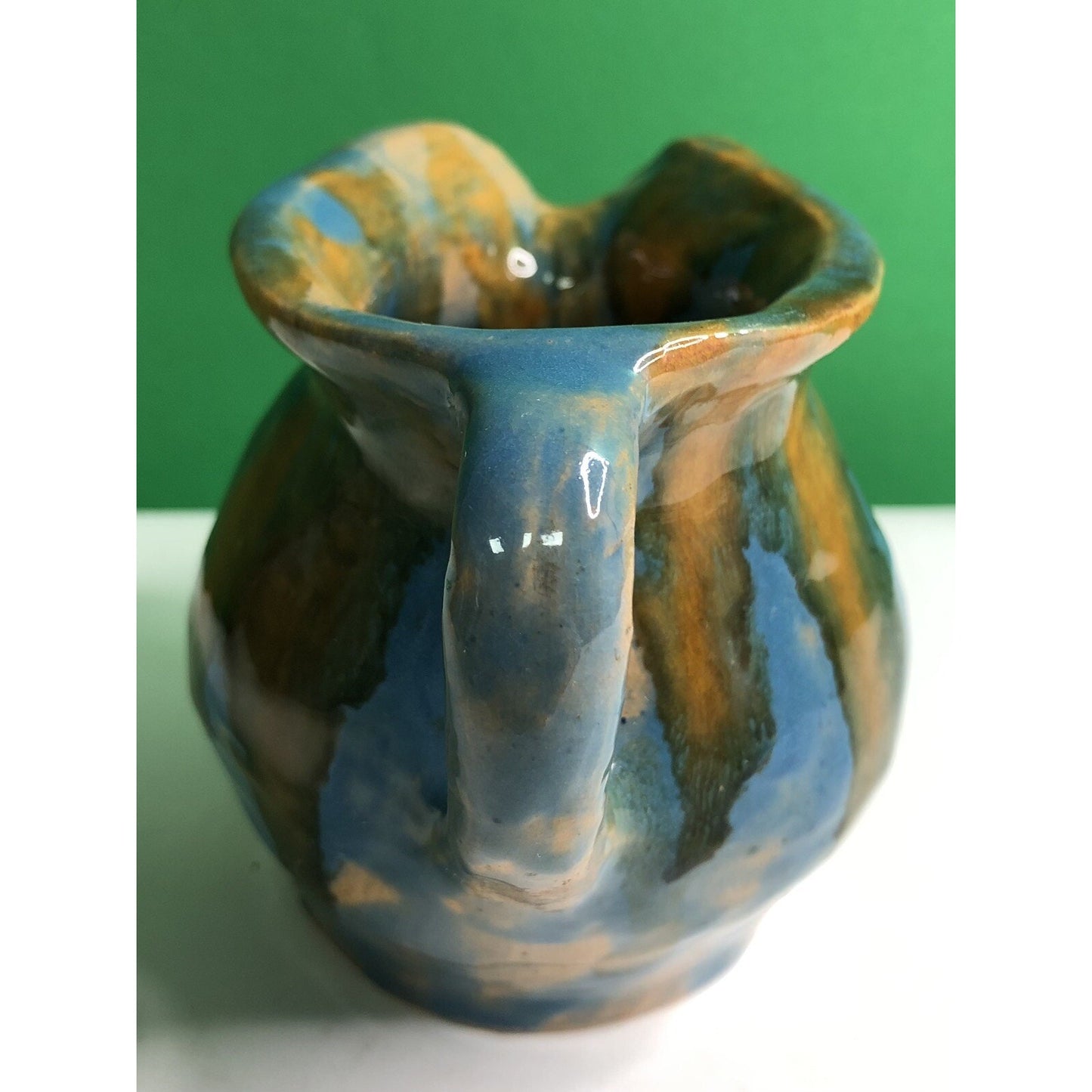 1940 Fairhope AL Art Pottery Pitcher Creamer By Georgia Drip Glaze Blue Orange