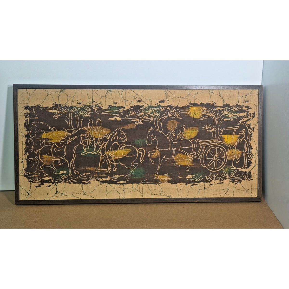 Vintage MCM Framed Batik Art "The Inspection Tour" Asian Horse Chariot 31"