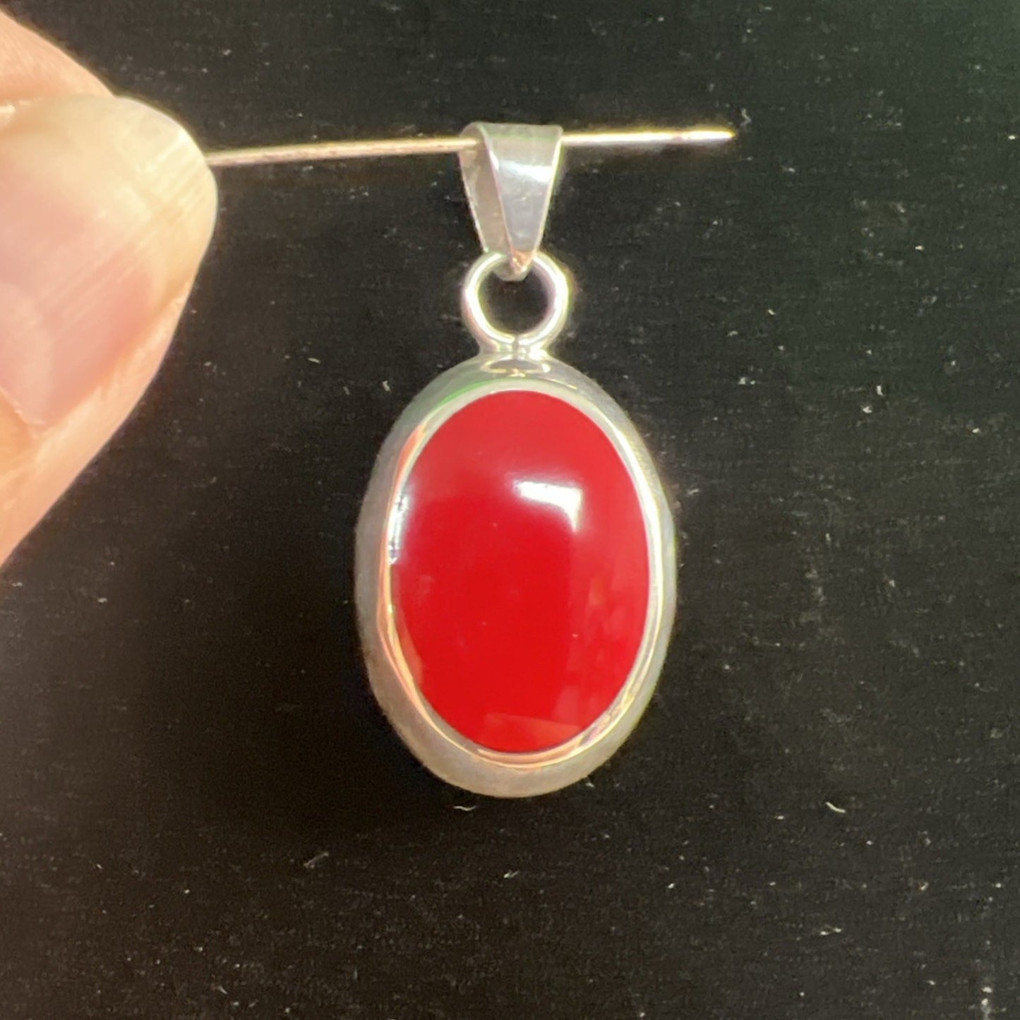 BEAUTIFUL Vintage Large Sterling Silver Red Jasper Oval Bezel Set Pendant