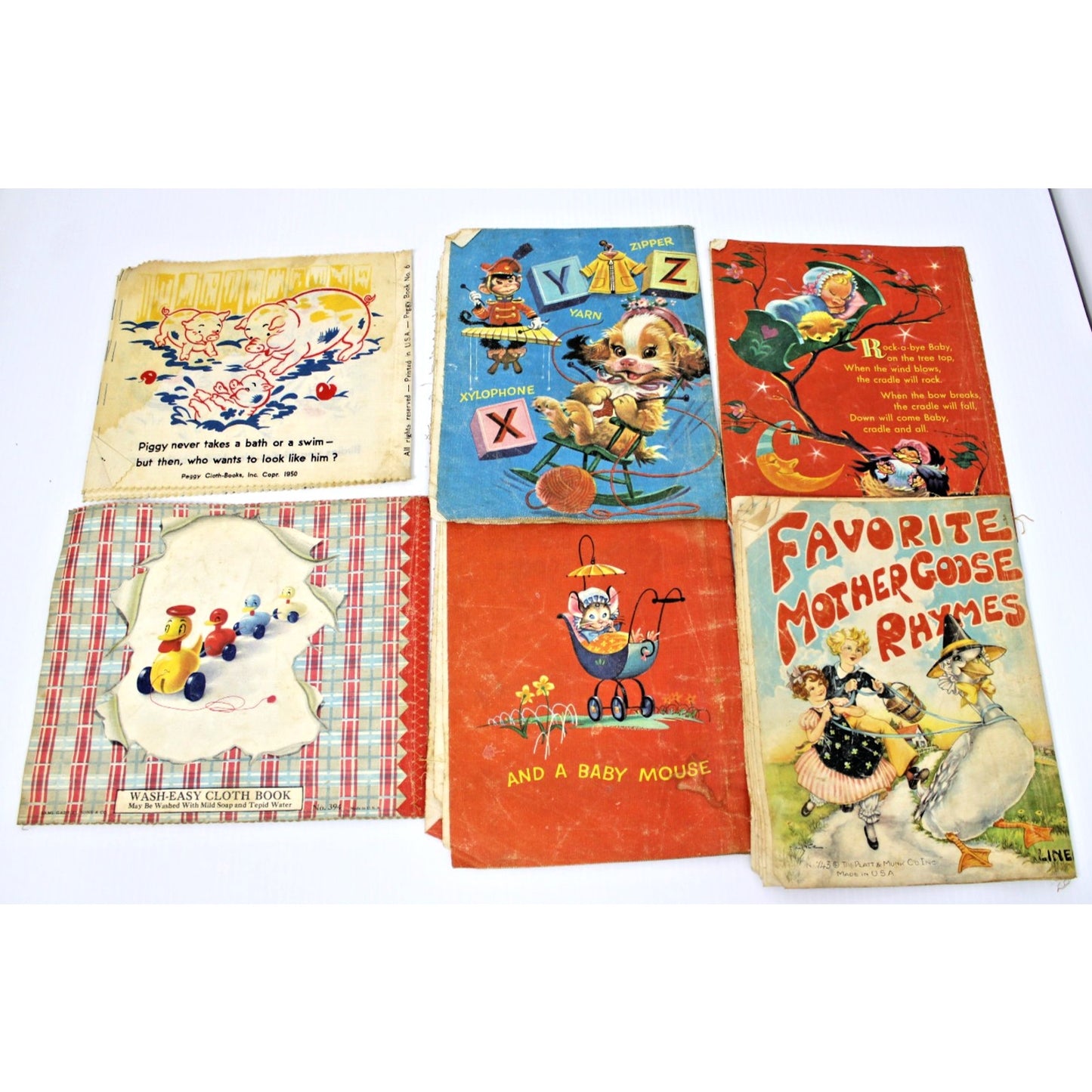 6 Vintage Linen Cloth Baby Books- Merrill, Platt & Munk, Mother Goose, ABC