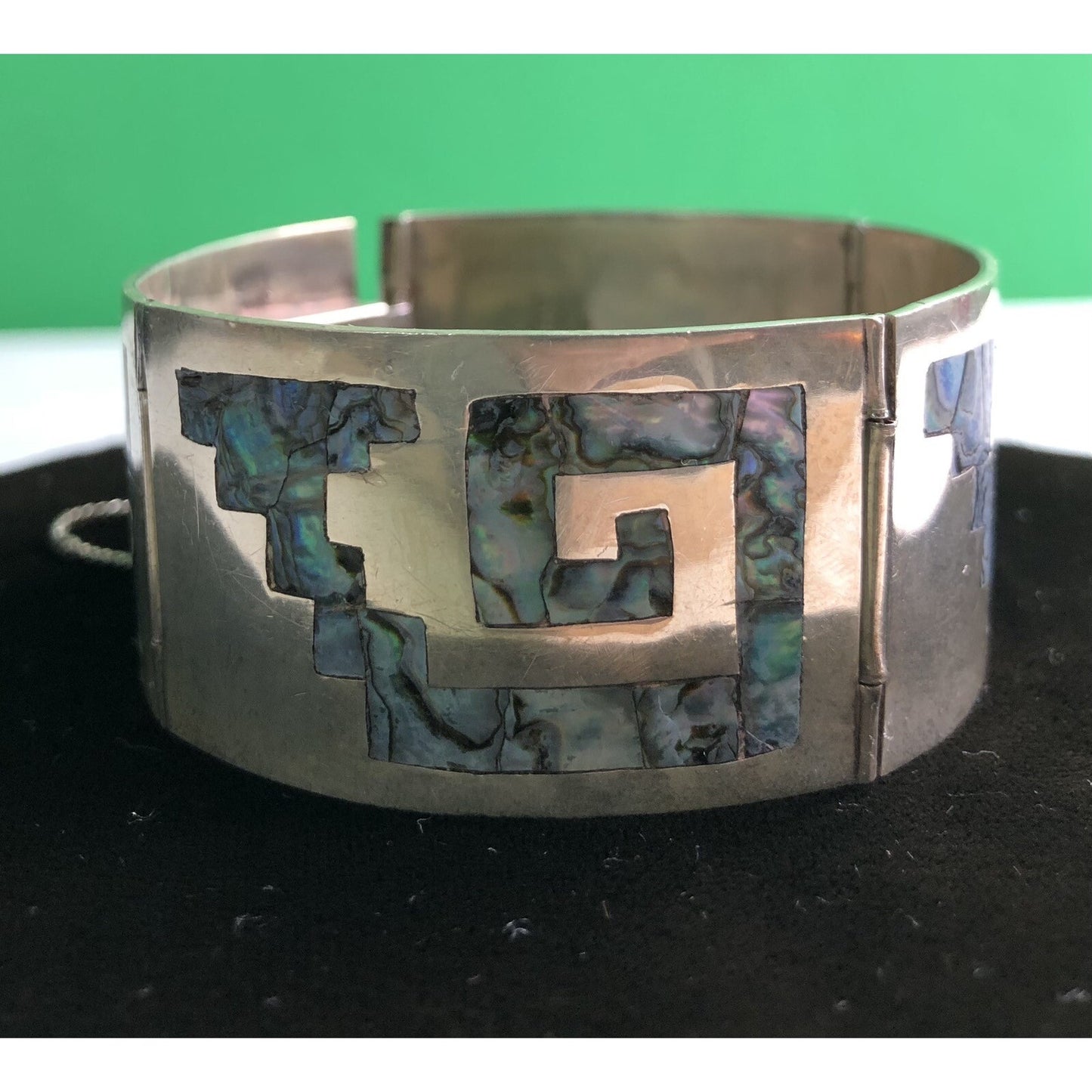 Vintage Mexico Sterling Silver Abalone Inlay Greek Key Panel Link Bracelet H.J.R