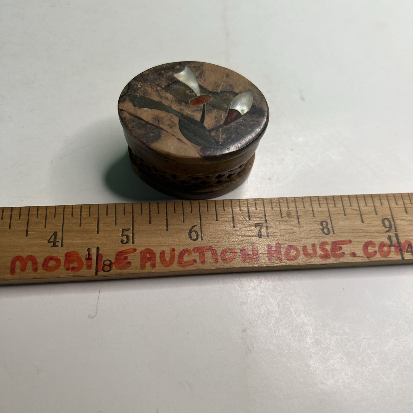 Fetco Carved Soapstone Small Inlaid Oval Box Trinket Vanity Natural Stone Lid