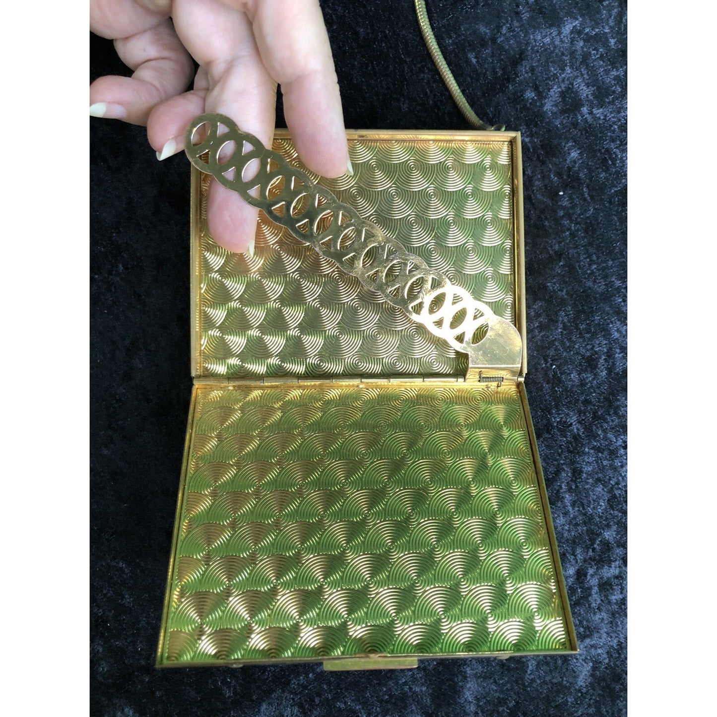 Vintage Minaudiere Metal Box Purse W/ Powder Lipstick Comb Mirror Evening Bag