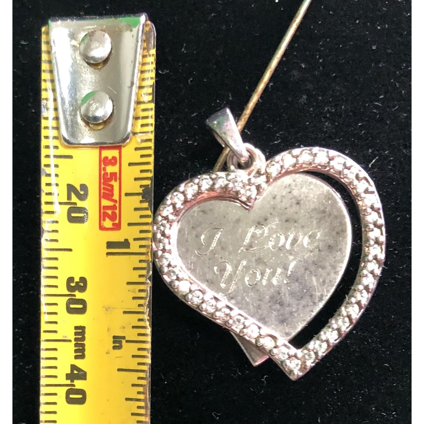 Vintage Sterling Layered Heart I LOVE YOU Engraved Pendant With Rhinestones
