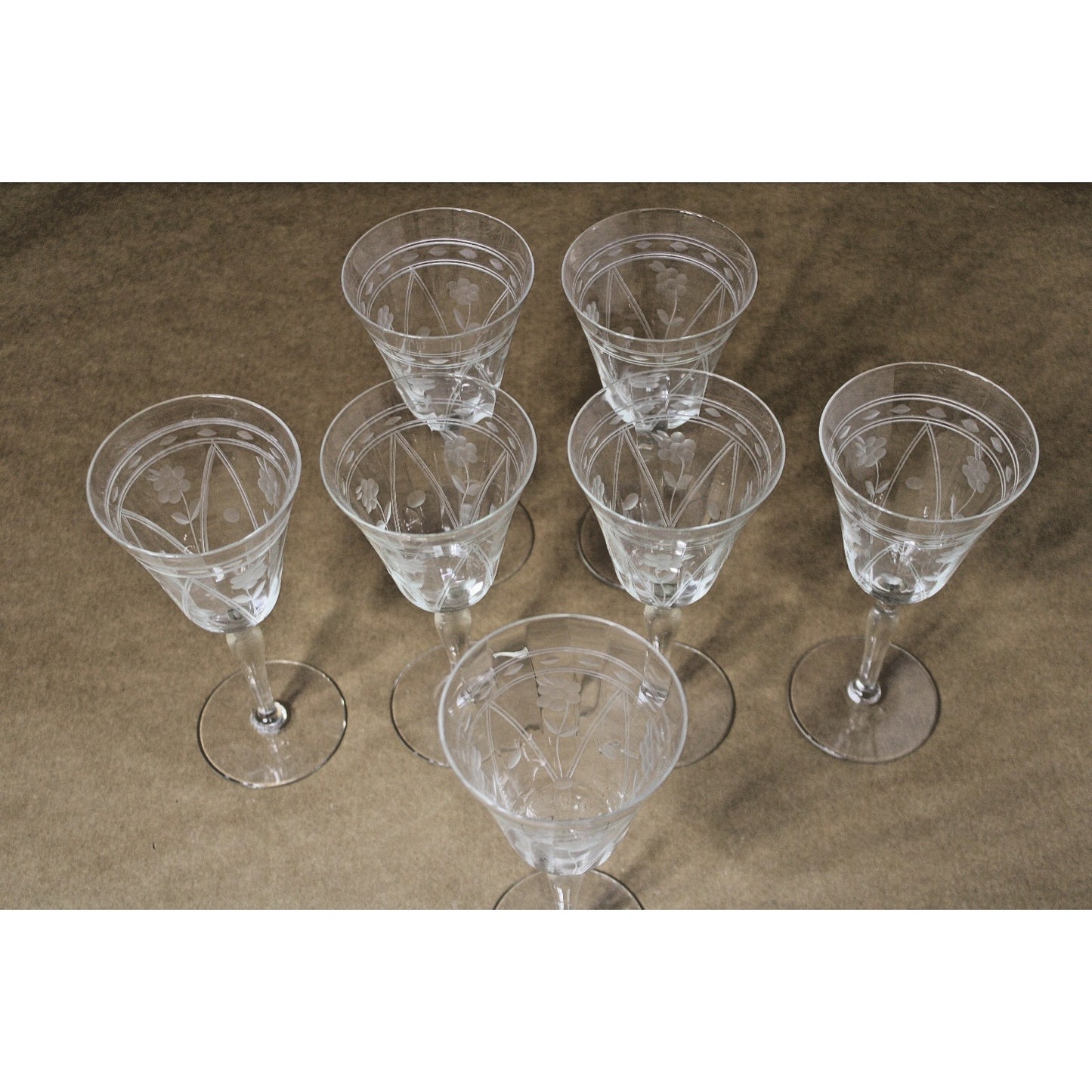Set of 7 Tiffin Crystal Etched Daisy/ Floral Optic Wine Glasses, Vintage 1930s