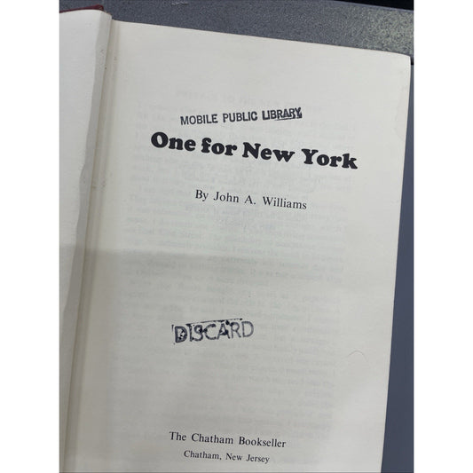 One for New York by John A. Williams 1975 HC REISSUE EX-LIBRARY