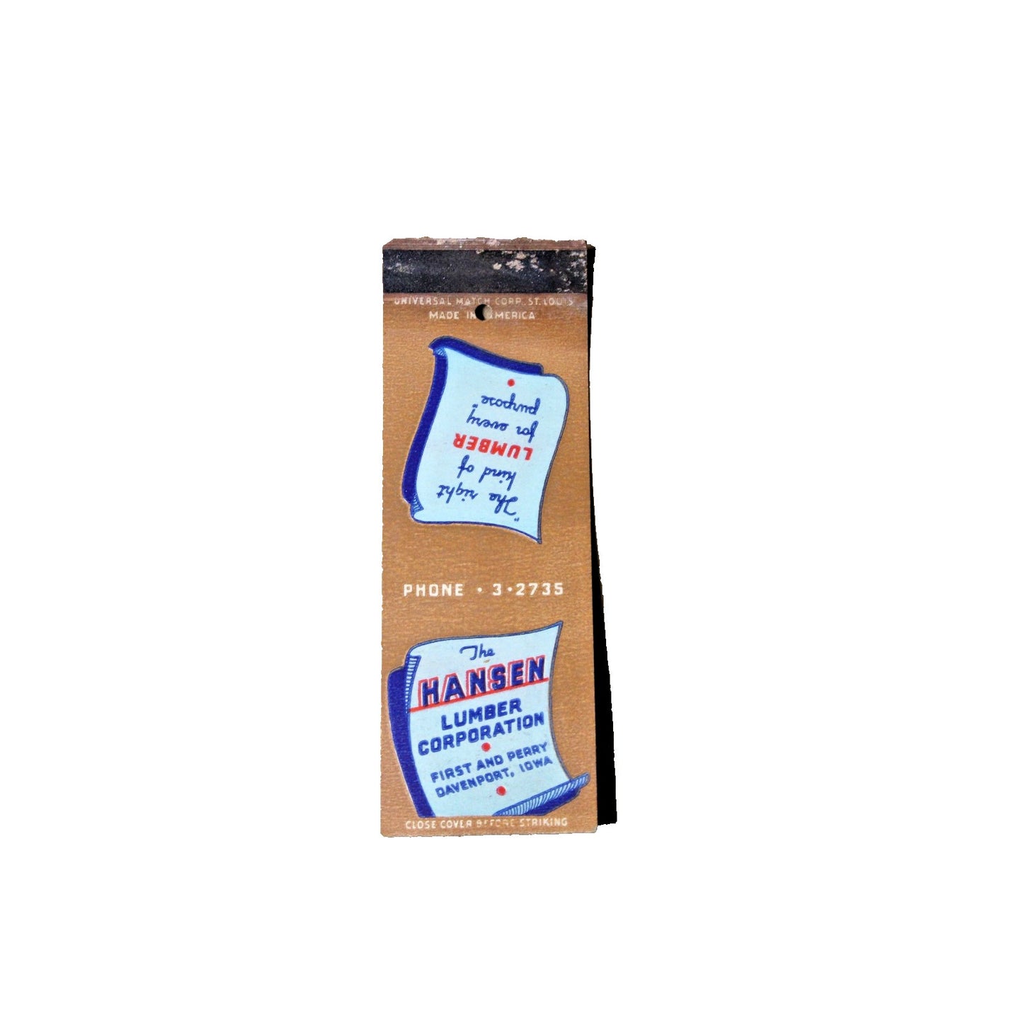 Vintage Mid Century Advertising Matchbook, Hansen Lumber Davenport, Iowa