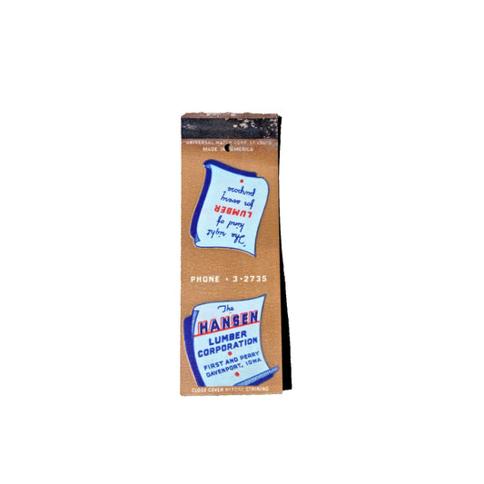Vintage Mid Century Advertising Matchbook, Hansen Lumber Davenport, Iowa