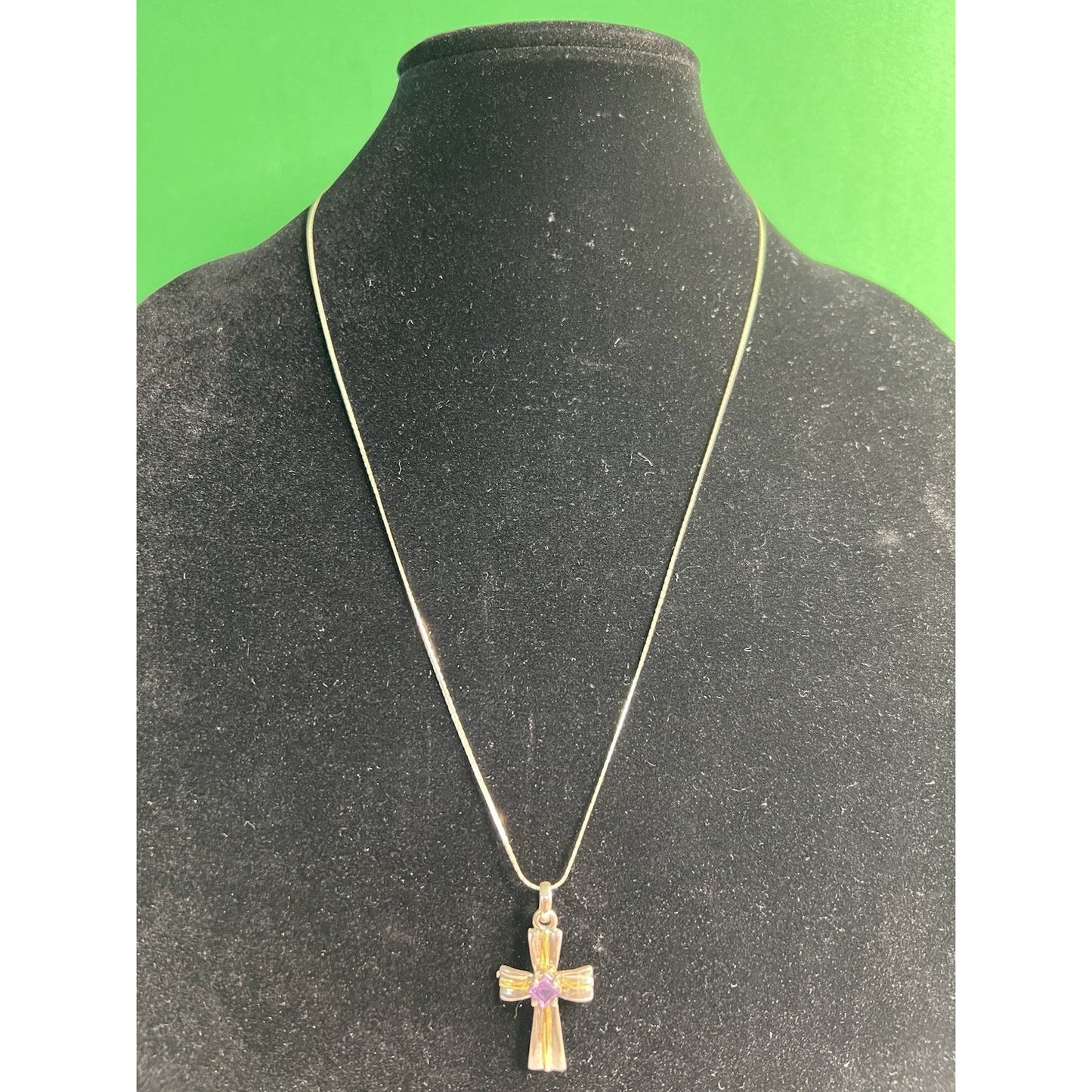 24” Sterling Silver 925 Chain And Cross Pendant Amethyst Purple Stone Necklace