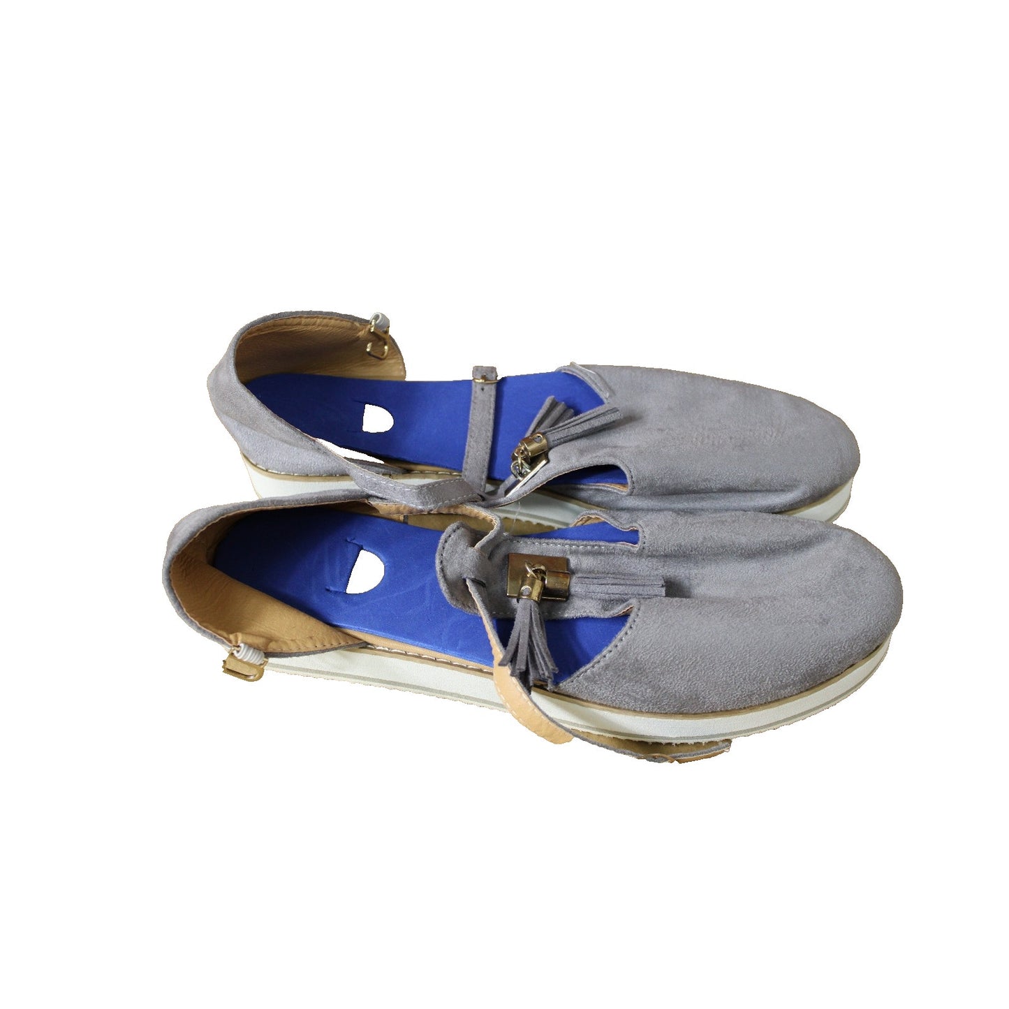 Grey Suede Casual Ladies Sz. 8 Flats with Tassels Ankle Strap Platform