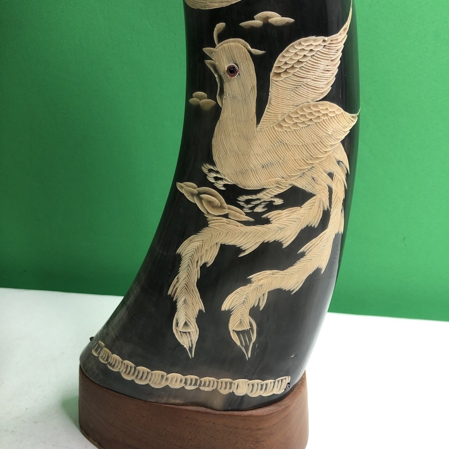 PAIR OF Large WATER BUFFALO HORNS CARVED WITH DRAGON & PHOENIX FENG SHUI