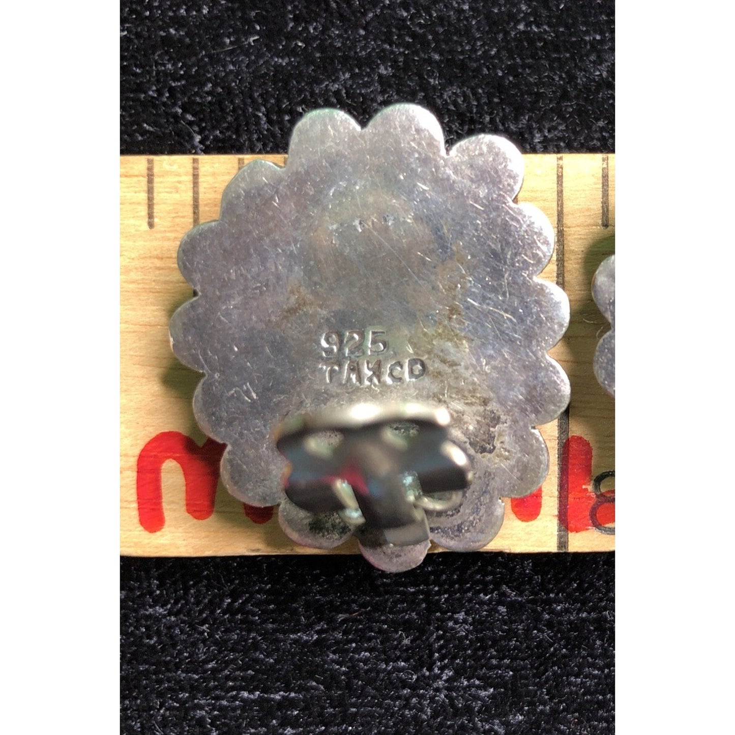 Taxco Mexico Sterling Silver Black Onyx Oval Clip On Earrings Scalloped Edge