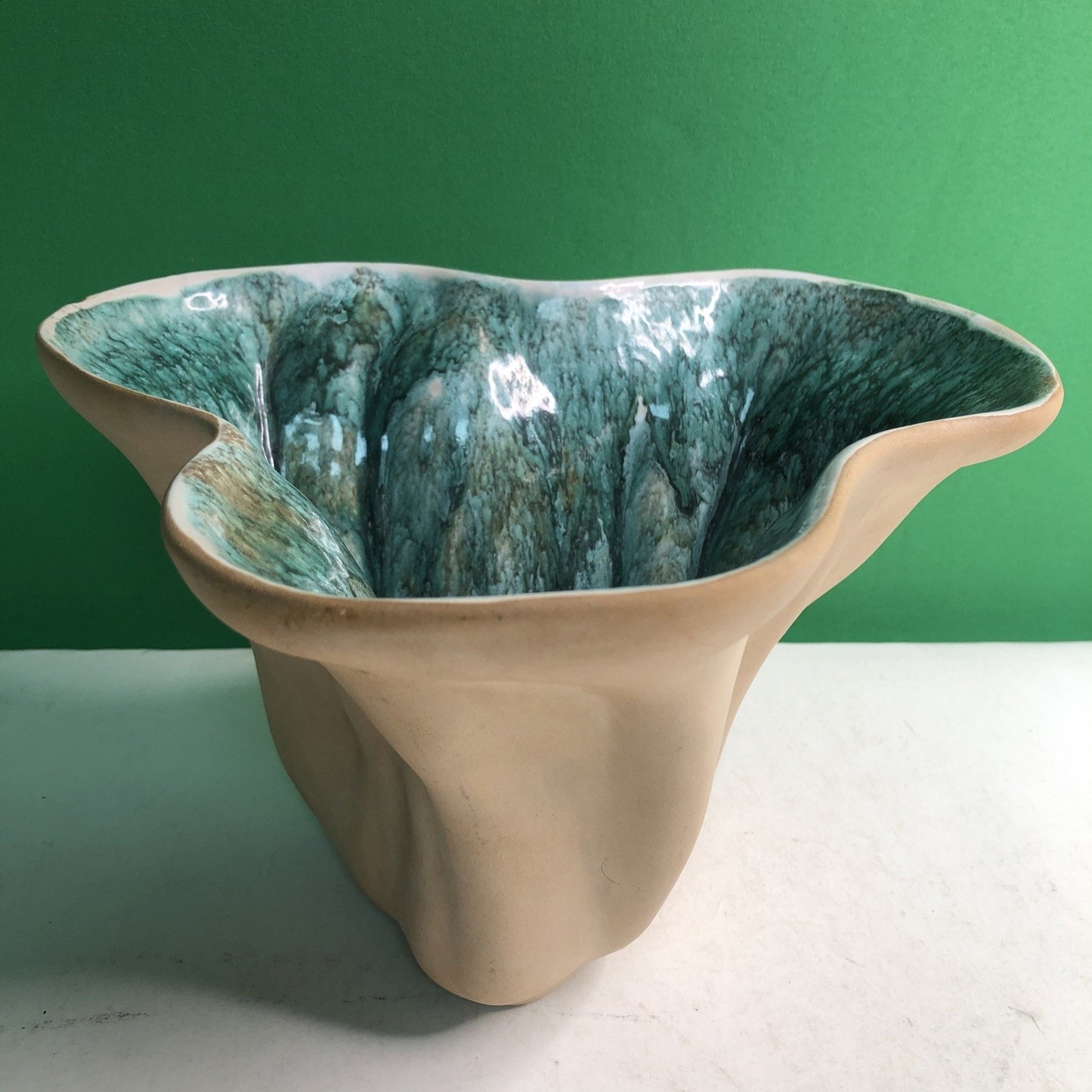 SIGNED Hammat Original 403 Pottery Dish Blue Green Brown Biomorphic Design MCM