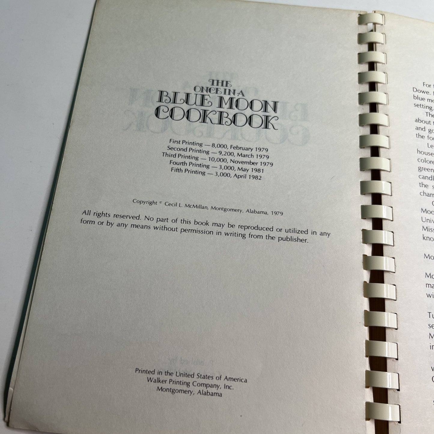 The Once in a Blue Moon Cookbook 1979 5th Printing 1982 Montgomery Alabama Inn