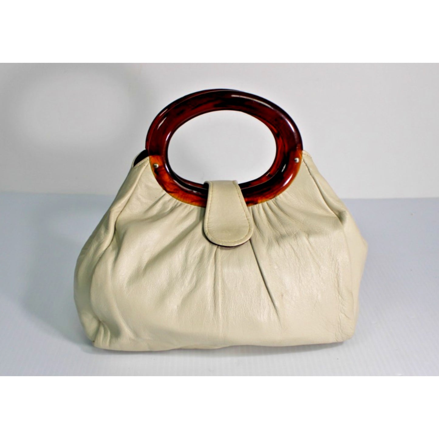 Vintage Andé Cream Slouchy Genuine Leather Handbag Lucite Tortoiseshell Handles