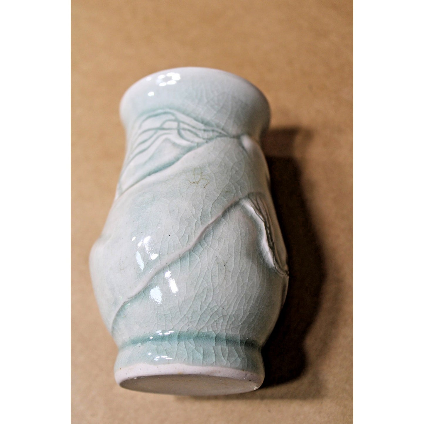 Vintage 5-inch Celadon Vase with Raised Relief Abstract Design, Unmarked