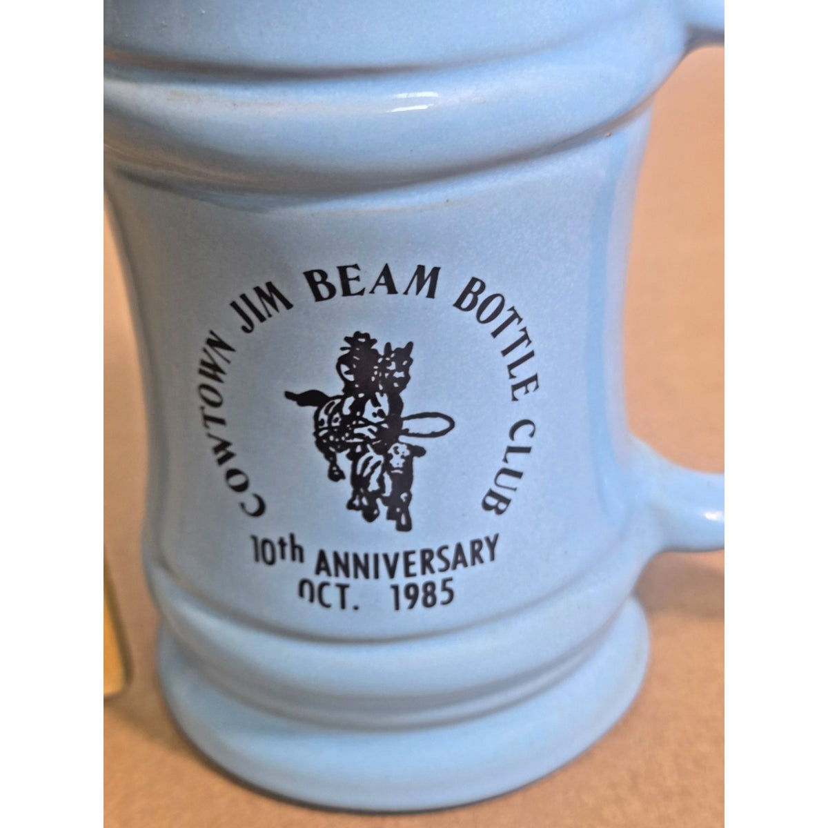 Vintage 1985 Frankoma M2 Cowtown Jim Beam Bottle Club Anniversary Mug, Blue