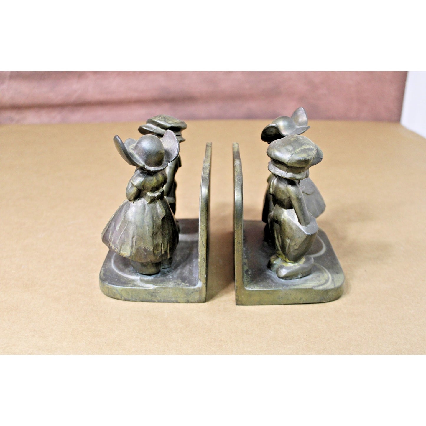 Vintage 1934 Frankart Brass Cast Bookends Pair, Dutch Boy, Dutch Girl, Classical